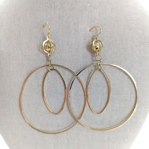 Gold Tone Modernist Geometric Circles Dangle Drop Hoop Earrings - Picture 1 of 3